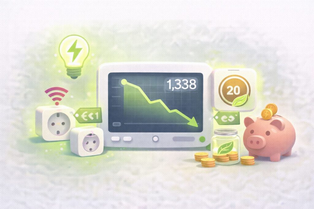 Energiemonitor mit fallendem Verbrauch und Sparschwein