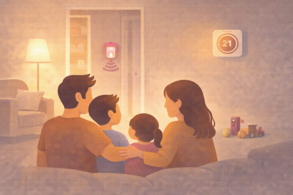 Familie mit Smart Home im Wohnzimmer