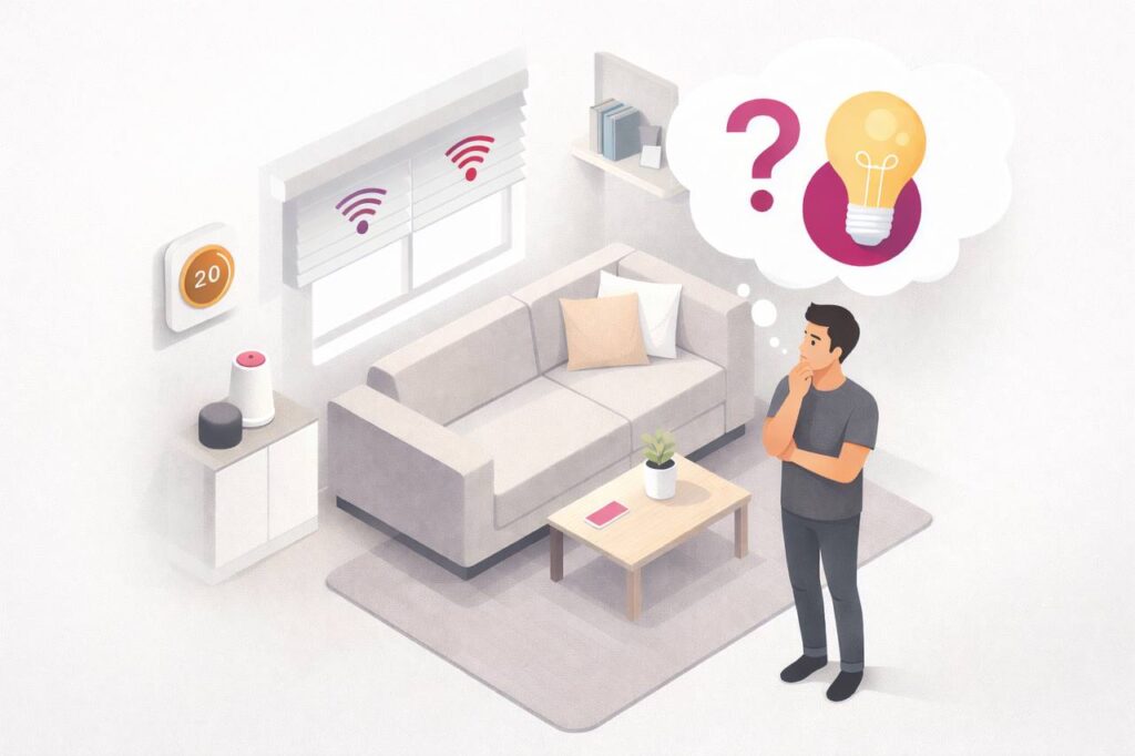 Mann denkt über Smart Home nach mit Glühbirne und Fragezeichen